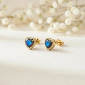 Labradorite Heart <b>Stud</b> <b>Earrings</b> <b>Blue</b> Flash Gemstone Jewelry Minimalist Gold Filled Heart <b>Earrings</b> Romantic Gift for Her 18K Gold - Product Image 1