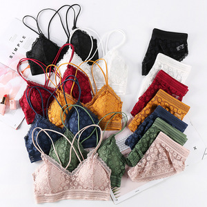 Sexy Red Women's Underwear Lace Hollow Out Padded None Closure Cross Back Ladies Bras and Panty Sets