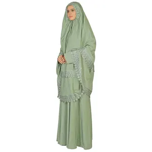 말레이시아 라마단 이슬람 여성 Eid 겸손한 원피스 2 조각 질밥 아바야 이슬람 레이스 우유 실크 튜둥 Telekung