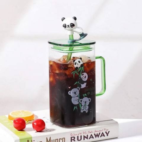 Hot Sale New Design Bottles Panda and Koala Water Milk Cups Lids Juice Glass Mugs With Straw Light Luxury