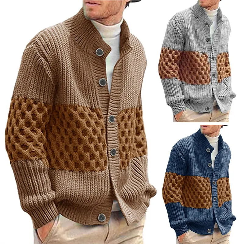 Вязаный кардиган на пуговицах с цветными вставками, вязаный свитер для мужчин, мужской свитер, вязаные пальто с круглым вырезом на заказ, мужское зимнее пальто на заказ