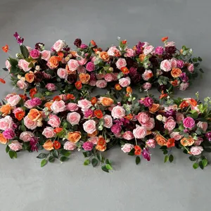 KL-FRN04 공장 사용자 정의 인공 실크 빨간 꽃 러너 장미 바닥 테이블 꽃 러너 결혼식 배열 장식