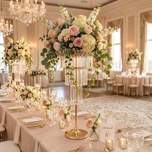 Support à fleurs de mariage en métal doré de luxe, centre de table en forme de lustre à 3 niveaux avec pendentifs en cristal acrylique pour la décoration d'événements et de fêtes - Product Image 6