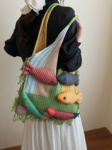 New Fish Creative Cute Boho Large Capacity <b>Crochet</b> <b>Storage</b> Tote <b>Bag</b> Color Block Hollow Out Multi Purpose Shoulder <b>Bag</b> for Travel - Product Image 2