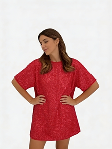 Minivestido rojo brillante de manga corta y corte holgado – Esencial para fiestas navideñas y de fin de año para mujer - Product Image 4