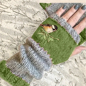Womens Vintage Cotton Half Finger Gloves Color Block Birds Embroidery Stretchy Thick Warmer Knitted Fingerless Gloves Outdoor - Product Image 2