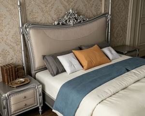 Premium Queen Size Silver Four Poster <b>Bed</b> With Beige Upholstered Ornate Carved Nailhead Headboard For Luxury Bedroom - Product Image 3