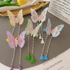 New Design Children Long Pearls Tassel Embroidery Butterfly Hairpins Braiding Hair Clips Kids Girl Clip Hair Accessories