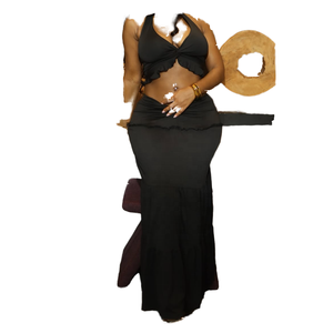Set pakaian kasual seksi wanita, atasan Crop tanpa lengan Halter berongga tanpa lengan, rok Maxi panjang dengan pola Solid yang cocok musim panas - Product Image 4