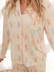 女式休闲长袖睡衣，多色兔子剪影印花，舒适家居服套装 - Product Image 1