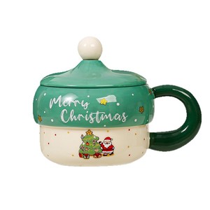Christmas Ceramic <b>Mug</b> Set With Lid Santa Print Gift Cup Red Green Thematic Design For Holiday Season - Product Image 4