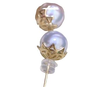 20718DIY <b>Pearl</b> Accessories S925 <b>Silver</b> Ear Nail Hollow Bracket Concealer 8-9mm Round Beads <b>Earrings</b> - Product Image 5