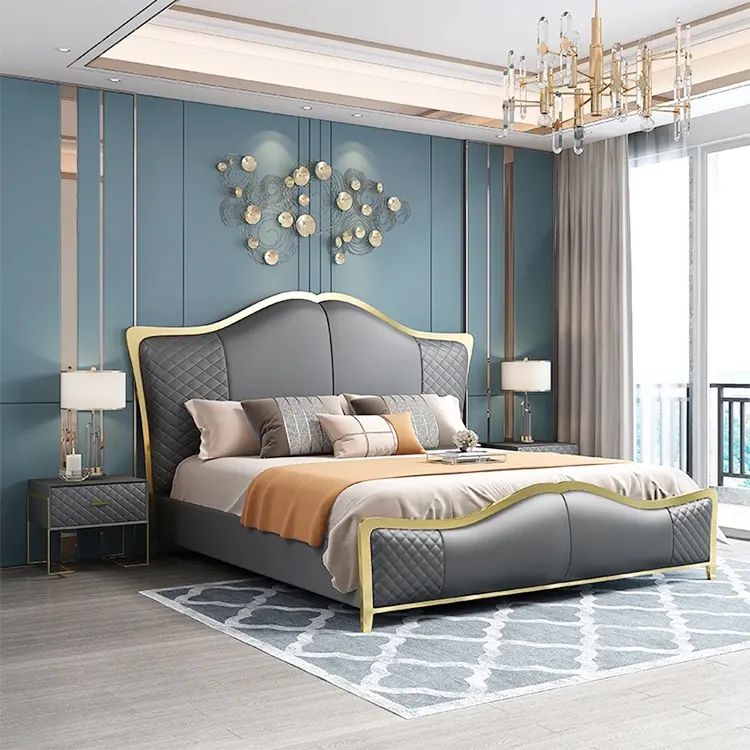 रानी बिस्तर फ्रेम आधुनिक राजा आकार बेडरूम फर्नीचर के लिए ओक लकड़ी कपड़े असबाबवाला मखमल बिस्तर फ्रेम