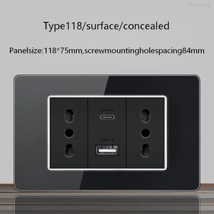 Enchufe de pared estándar italiano con USB inteligente tipo C de 20W con carga rápida, 2 puertos, 2 tomas, panel de interruptor de luz de vidrio. - Product Image 5