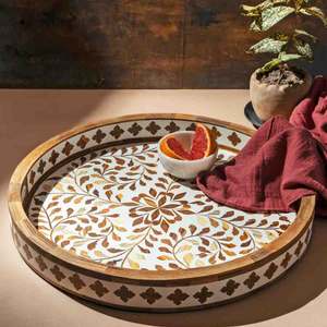 Plateau de service en incrustation d'os de forme ronde pour décor de table Design en corne et bois plateau de fruits 2025 - Product Image 1