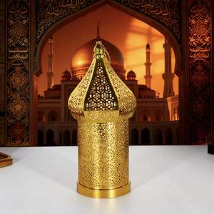 Full <strong>Gold</strong> Islamic Hollowed <strong>Lantern</strong> Traditional Pattern Decorative Wind Lamp Flashing Light for Indoor Use Ramadan Eid Home - Product Image 2