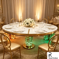 Table de banquet de mariage ronde de luxe avec éclairage LED, plateau blanc, base en acier inoxydable ajourée, pour événements, repas, hôtels et fêtes