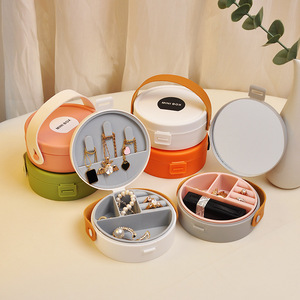 Boîte à bijoux ronde personnalisée avec miroir, couvercle en cuir, poignée, 2 couches, organisateur de bagues, boucles d'oreilles, rouges à lèvres, vente en gros OEM - Product Image 1