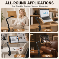Support de lecture à pince pour bureau en bois massif 360 °   Support rotatif en alliage d'aluminium pour tablette, ordinateur portable, bibliothèque, vente en gros OEM