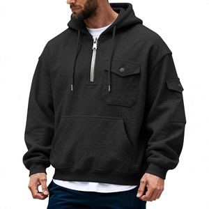 Cross-border New-arrival for <strong>Mens</strong> Spring Solid Pullover <strong>Hoodie</strong> Multi-pocket Hooded Long-sleeve Fleece-lined - Product Image 2