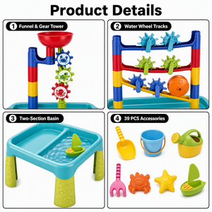 Mesa de Arena y Agua para Niños, Juego de 39 Piezas de Juguetes de <span class=keywords><strong>Playa</strong></span>, Moldes Multifuncionales para Castillos de Arena, Juego Educativo de Verano para Exteriores - Product Image 4