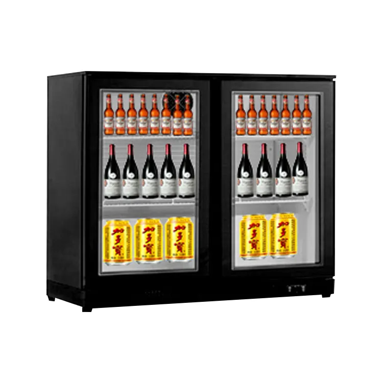 Refrigerador de barra de jugo con doble puerta de vidrio, refrigerador para bebidas debajo del mostrador o encimera, para exhibición de cerveza