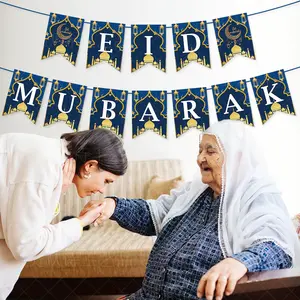 Islam Muslim Ramadan dekorasi rumah spanduk gantung dinding berkilau emas biru Lebaran bintang bulan spanduk dekorasi dinding Ramadan
