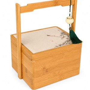 <b>Bamboo</b> Double Layer Pastry Box Rectangle Mooncake Gift Packaging Wooden Food <b>Container</b> With Handle And Tassel - Product Image 5