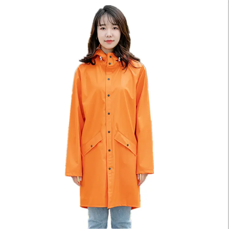 High quality fashion women impermeable rain jacket rain suits PU waterproof customized long raincoat for women