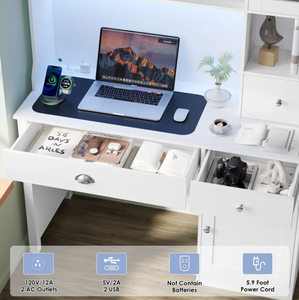 โต๊ะคอมพิวเตอร์ไม้สีขาว47.2พร้อมไฟ LED และประตูกระจก - Product Image 6