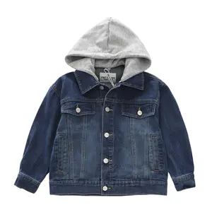 Çocuklar için düğmeler ve cep toptan ceket hoodies ile rahat tasarım Denim kumaş ceket