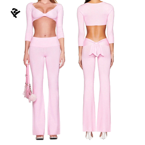 Ensemble de vêtements de détente personnalisés pour femmes, deux pièces, haut court à manches longues et pantalon droit taille haute, adapté aux femmes de grande taille - Product Image 5