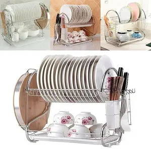Égouttoir à vaisselle <span class=keywords><strong>double</strong></span> couche en forme de S avec porte-ustensiles et <span class=keywords><strong>bac</strong></span> de drainage pour évier de cuisine - Product Image 4