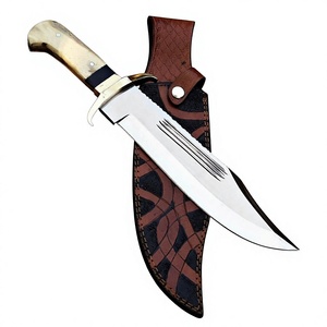 Couteaux Bowie en acier Damas faits à la main, manche en bois, étui en cuir fin, outils multifonctionnels de camping en plein air, vente en gros, OEM, DIY - Product Image 1