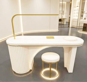 Modern Pink Nail Table <b>With</b> Gold <b>Lighted</b> Base <b>and</b> <b>Mirror</b> Arm Beauty Salon Manicure <b>Desk</b> - Product Image 2