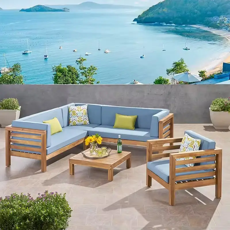 مجموعة أريكة عصرية فاخرة من خشب الساج أريكة خارجية أريكة للحديقة أريكة فيلا فندقية شرفة مجموعة أثاث فاخرة للفناء