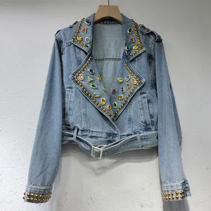 women's vintage Studded Beading Rivets Sew Embroidered Rhinestone Diamond Crop Blazer Denim bomber Biker Jacket With Belt