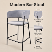 Tabouret de bar commercial 75 cm avec assise rembourrée en tissu gris, dossier de soutien et base en acier pour café et comptoir