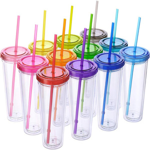 Custom logo 16oz 24oz Clear <b>Reusable</b> <b>Cup</b> Pastel Colored Double Wall Acrylic Plastic Water Tumblers with Lid and Straw - Product Image 1