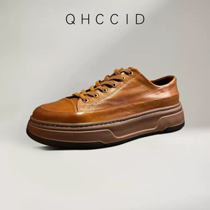 Men's Retro Horse Leather Thick-Soled Sneakers Genuine Leather Mid-<b>Heel</b> Casual Shoes Non-Slip Breathable - Product Image 2