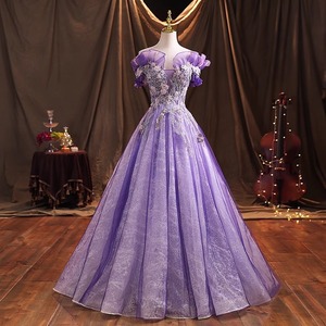 Violet Off The Shoulder Ball Gown Empire Waistline 3D Stereoscopic Patterns Vintage Evening Dress For Vocal Performance - Product Image 2