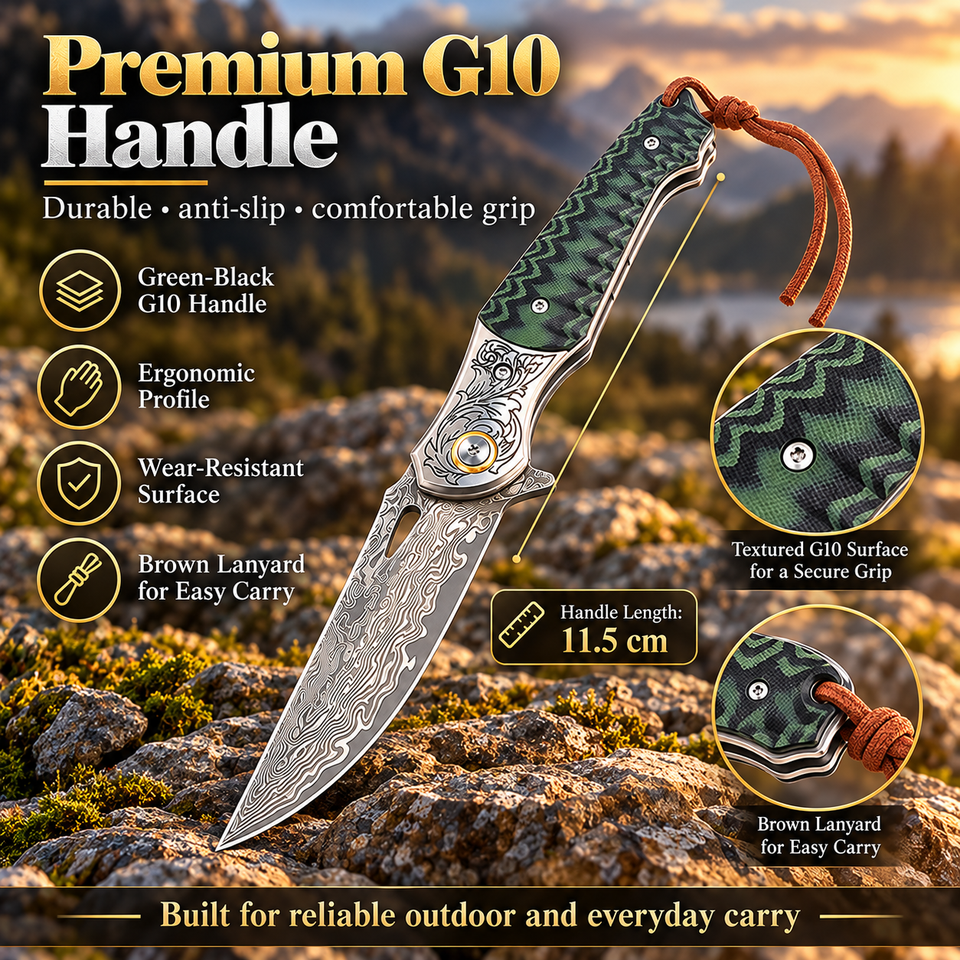 Damascus Steel Folding Knife G10 Handle Pocket Knife Engraved Pattern ...