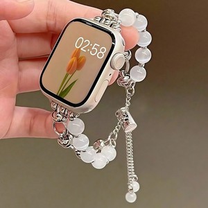 Pulsera de cuentas de piedra ojo de gato de lujo para Apple Watch 8 7, correa de metal ajustable para mujer, cadena de cuentas para reloj. - Product Image 1