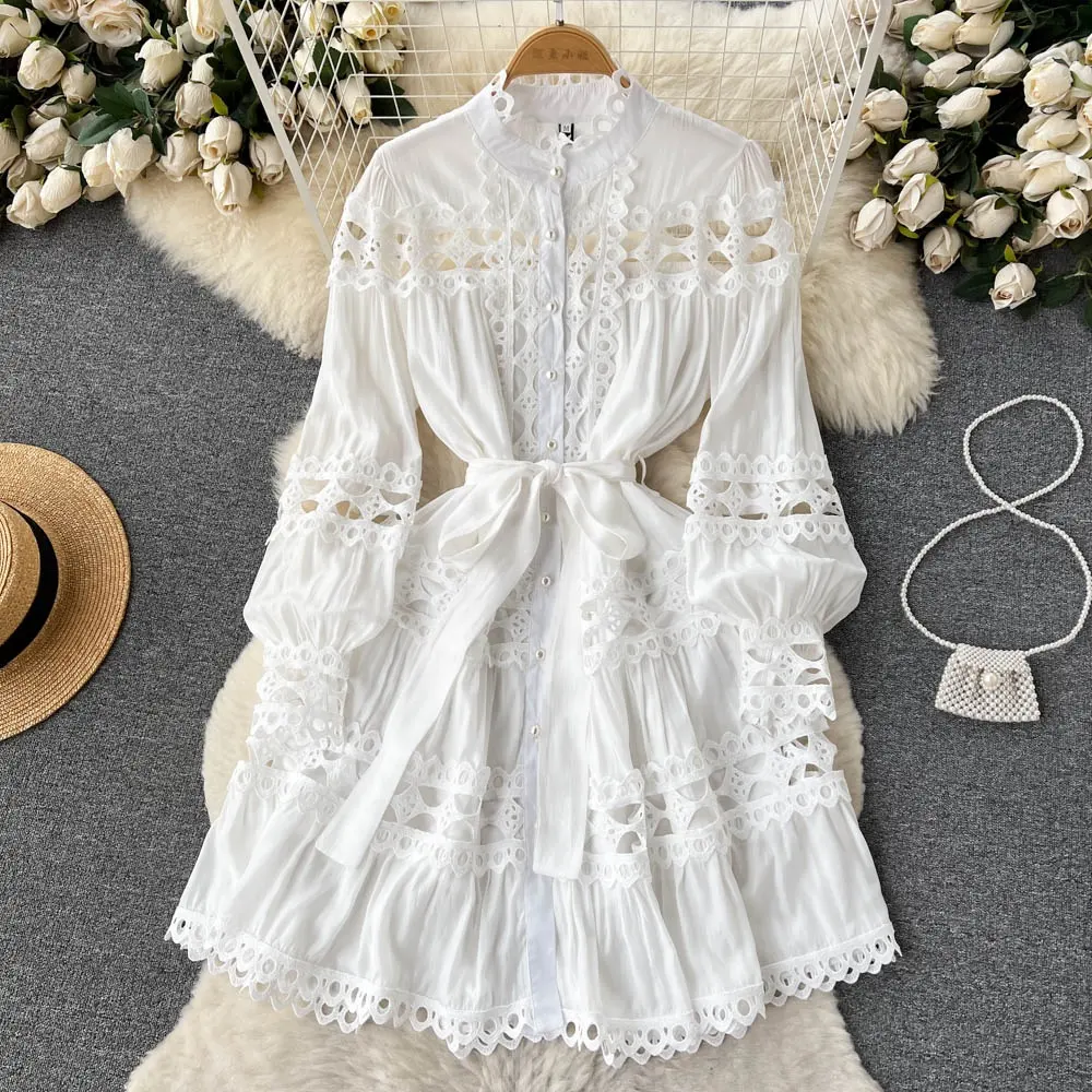 2023 spring clothes new French stand collar hollowed out single breasted women's dress lace princess skirt