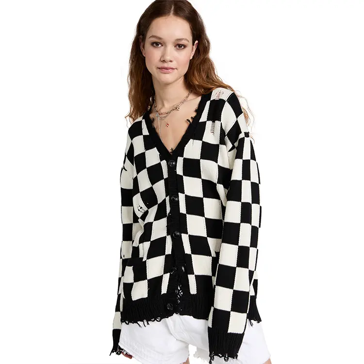 Wholesale custom logo winter ladies checker wool knit cardigan women's black and white plaid knitted sweater cardigan with hole