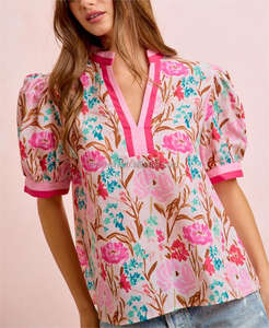 Blusa Casual de Verano <span class=keywords><strong>para</strong></span> <span class=keywords><strong>Mujer</strong></span>, Estilo Bohemio, con Mangas Abullonadas, Estampado Floral Rosa, Cuello en V, con Ribete en Contraste - Product Image 2