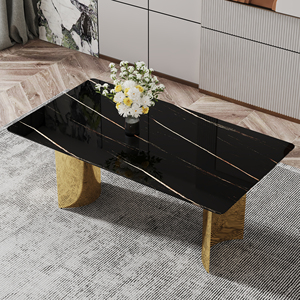 <span class=keywords><strong>Mesa</strong></span> de Comedor Cuadrada Moderna Ajustable con Tapa de Vidrio Estampado Negro y Patas de Metal Dorado <span class=keywords><strong>para</strong></span> Restaurantes y Salas de Estar - Product Image 2