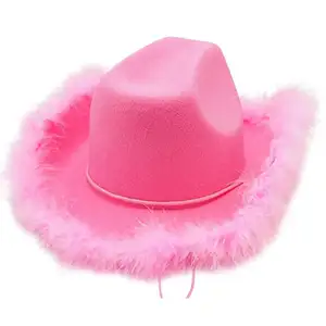 Festliche & Party liefert Pink Western Style Cowgirl Hüte für Frauen Mädchen Rolled Fedora Hut Feather Edge Beach Cowboy weißen Hut
