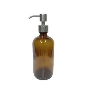 500ml 16oz amber boston round glass soap dispenser bottle with stainless steel pump
