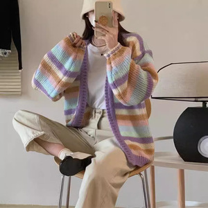 <b>Rainbow</b> Striped Knit Cardigan Women Loose Fit Color Block <b>Sweater</b> Coat Autumn Korean Style One Size Purple And Pink - Product Image 4